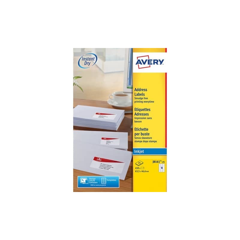Etichette bianche per buste AVERY QuickDRY™ 63,5x46,6 mm - 18 et/foglio - stampanti inkjet - cf. 25 fogli J8161-25