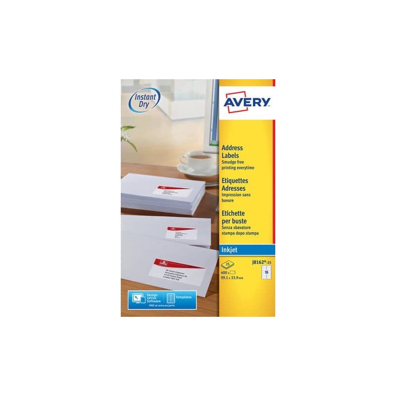 Etichette bianche per buste AVERY QuickDRY™ 99,1x33,9 mm - 16 et/foglio - stampanti inkjet - cf. 25 fogli J8162-25