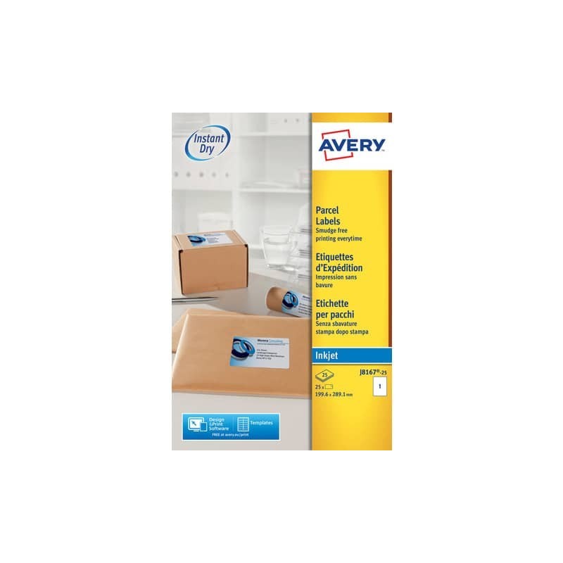 Etichette bianche per pacchi AVERY QuickDRY™ 199,6x289,1 mm - 1 et/foglio - stampanti inkjet - cf. 25 fogli J8167-25