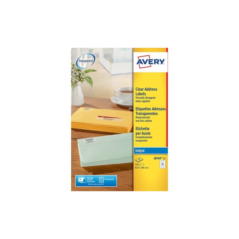 Etichette poliestere trasparenti opache AVERY QuickPEEL™ 63,5x38,1 mm - 21 et/foglio - inkjet conf. 25 ff J8560-25