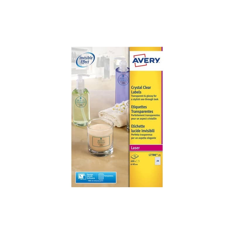 Etichette poliestere trasparenti lucide AVERY QuickPEEL™ tonde Ø 40 mm - 24 et/foglio - laser conf. 25 ff L7780-25