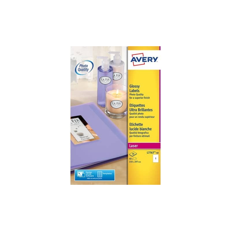 Etichette bianche lucide Avery 210x297 mm 1 et./foglio - per stampanti laser - conf. 40 fogli - L7767-40