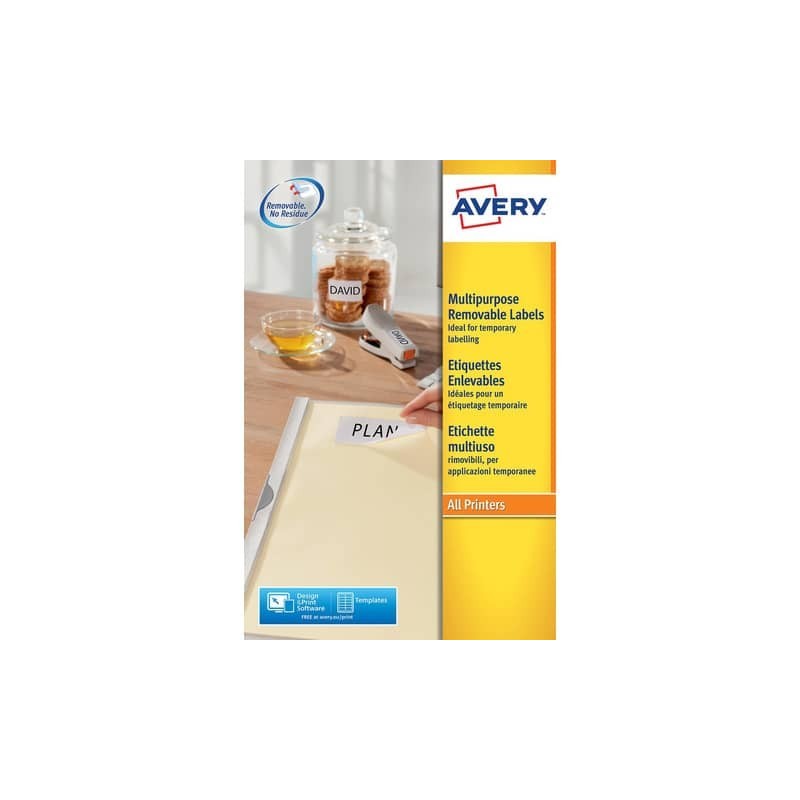 Etichette bianche rimovibili AVERY 210x297 mm - 1 et/foglio - stampanti laser/inkjet Conf. 25 fogli L4735REV-25