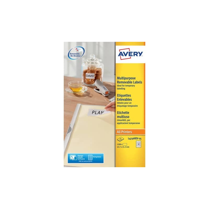 Etichette bianche rimovibili AVERY 45,7x21,2 mm - 48 et/foglio - stampanti laser/inkjet Conf. 25 fogli L4736REV-25