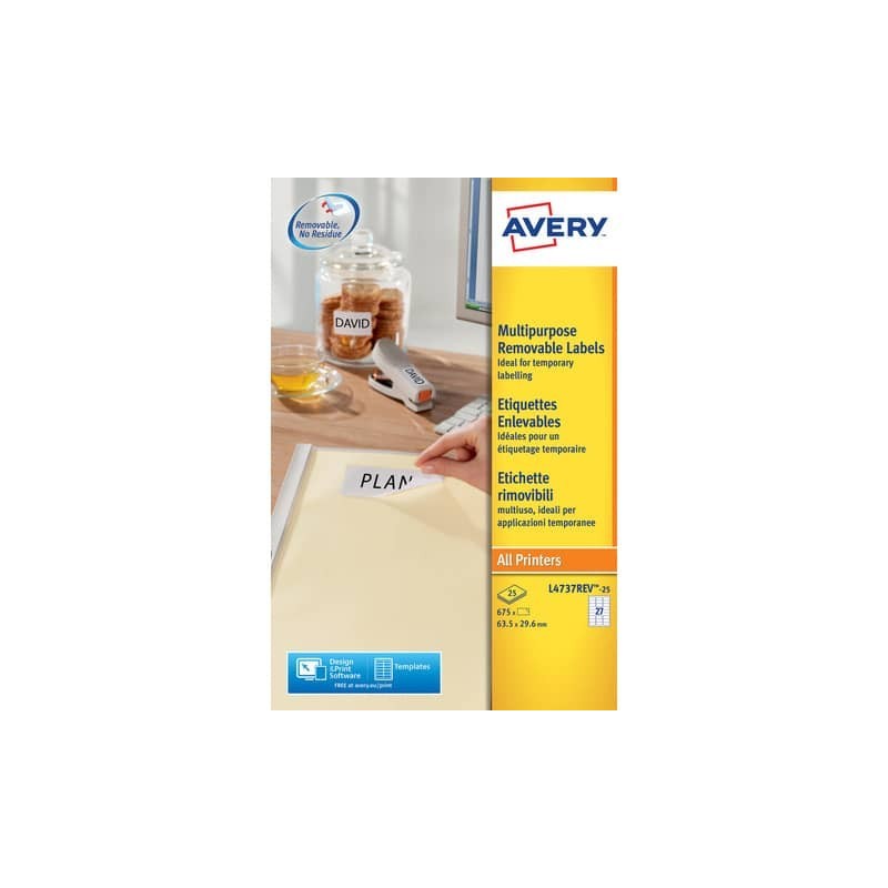 Etichette bianche rimovibili AVERY 63,5x29,6 mm - 27 et/foglio - stampanti laser/inkjet Conf. 25 fogli L4737REV-25