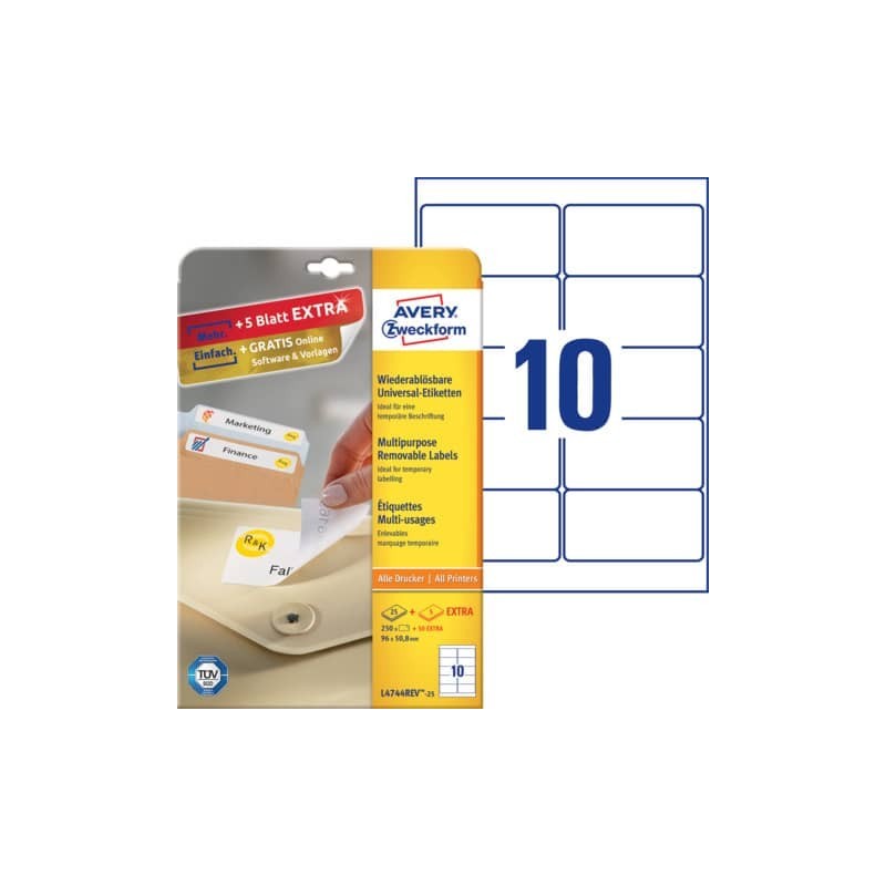 Etichette bianche rimovibili AVERY 96x50,8 mm - 10 et/foglio - stampanti laser/inkjet Conf. 25 fogli L4744REV-25