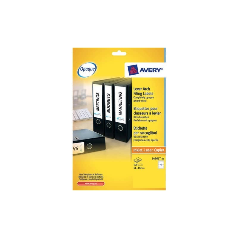 Etichette bianche per raccoglitori Avery Ultragrip™ 61x192 mm - 4 et/foglio - stampanti laser - Conf 25 fogli L4761-25