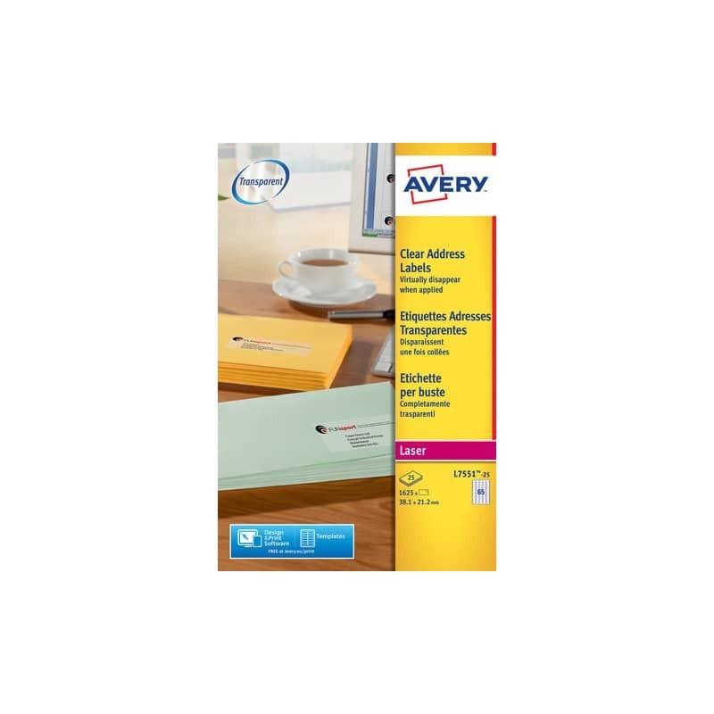 Etichette poliestere trasparenti lucide AVERY QuickPEEL™ 38,1x21,2 mm - 65 et/foglio - laser conf. 25 ff L7551-25