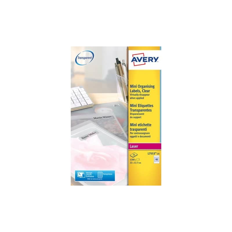 Etichette poliestere trasparenti lucide AVERY QuickPEEL™ 22x12,7 mm - 48 et/foglio - laser conf. 25 ff L7553-25