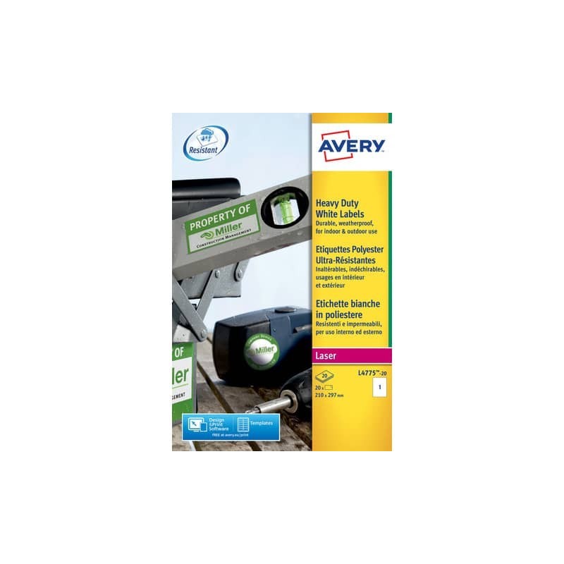 Etichette permanenti poliestere bianche Avery 210x297 mm - 1 et/foglio - stampanti laser - cf. 20 fogli L4775-20