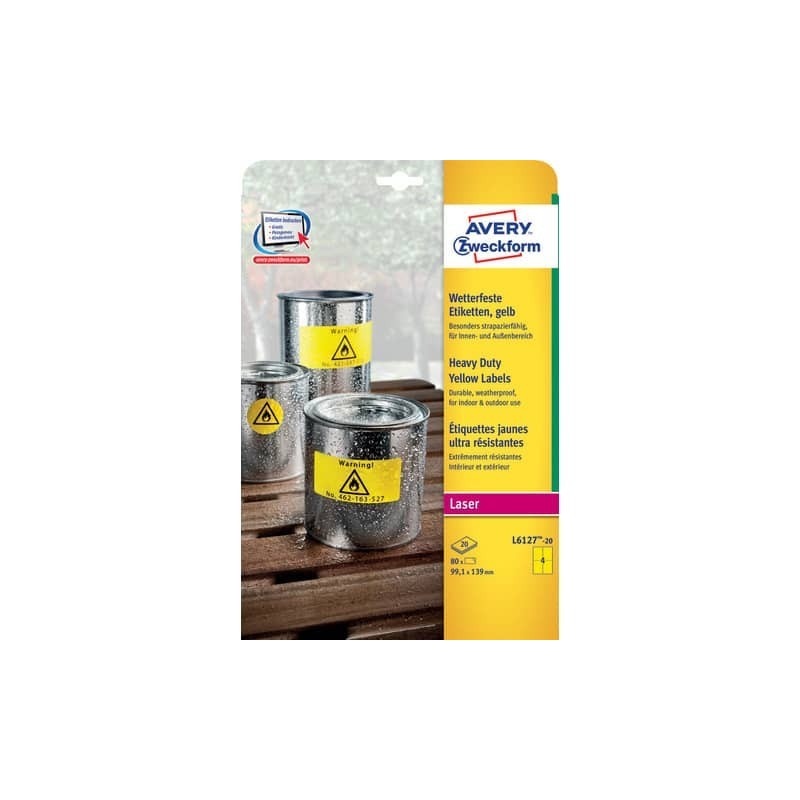 Etichette permanenti poliestere giallo Avery 99,1x139 mm - 4 et/foglio - per stampanti laser - cf. 20 fogli L6127-20