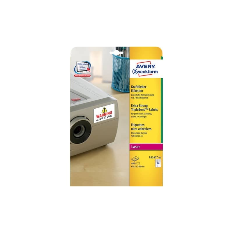 Etichette bianche superaderenti Avery poliestere 63,5x33,9 mm - 24 et/foglio - per laser - conf. 20 fogli - L6141-20