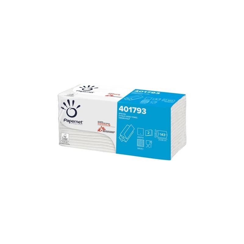 Asciugamani interfogliati piegati a Z Papernet 2 veli - 23x23,5 cm - bianco - fascetta da 143 fogli - 401793 (Conf.20)