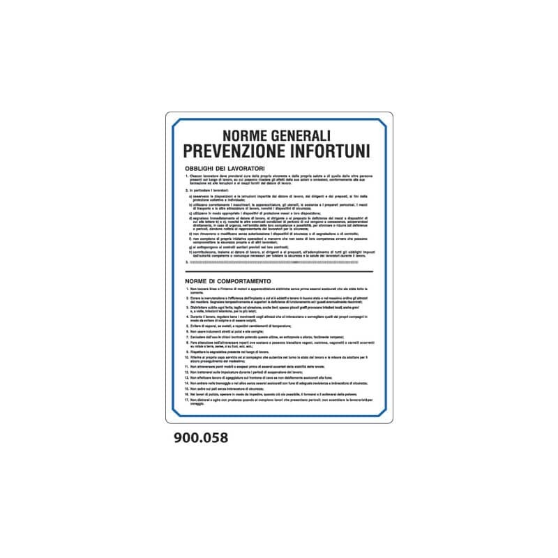 Cartello normativo ''Norme generali prevenzione infortuni'' Dixon Industries 33x47 cm - 900.058