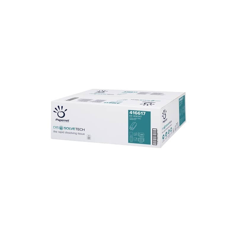 Asciugamani interfogliati piegati a Z Papernet Dissolve Tech - 2 veli 24x20,3 cm Conf. 20 fascette da 200 pz - 416617