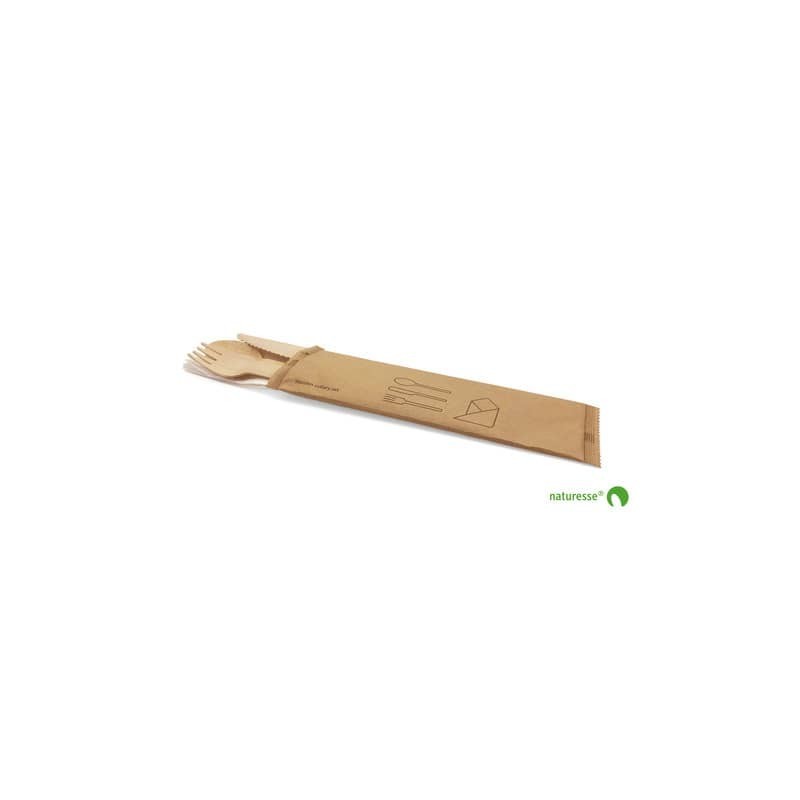 Set posate in legno monouso Scatolificio del Garda forchetta-coltello-cucchiaio tovagliolo avana - Conf. 250 pezzi 20380