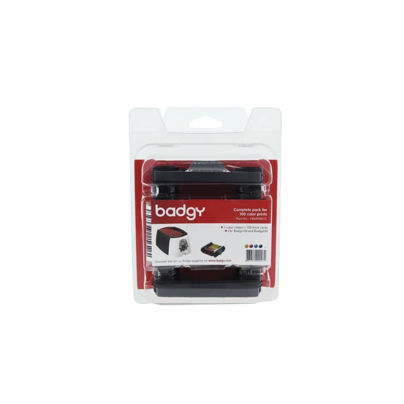 Kit di stampa per badge Evolis Badgy con 100 schede in Pvc da 0,76 cm - nastro multicolore - CBGP0001C