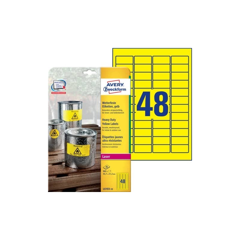 Etichette permanenti poliestere giallo Avery 45,7x21,2 mm - 48 et/foglio - per stampanti laser - cf. 20 fogli L6103-20