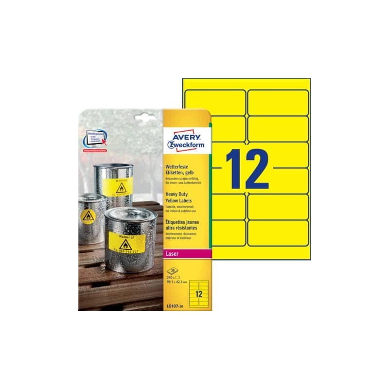 Etichette permanenti poliestere giallo Avery 99,1x42,3 mm - 12 et/foglio - per stampanti laser - cf. 20 fogli L6107-20