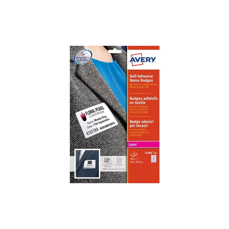 Badge adesivi in seta acetata AVERY 63,5x29,6 mm 20 fogli - L4784-20