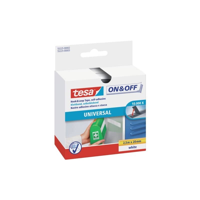 Nastro adesivo in tela tesa velcro On&Off universale autoadesivo bianco 20 mm x 2,5 m - 55225-00002-01