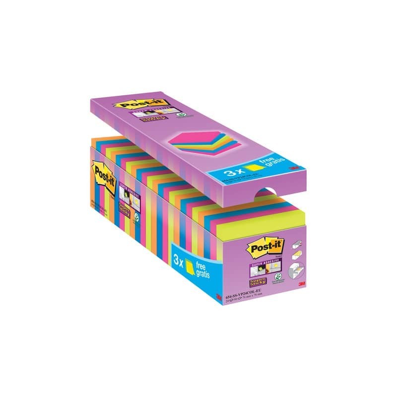 Foglietti Post-it® Super Sticky 76x76 mm colori assortiti neon Value Pack 21+3 blocchetti GRATIS - 654-P24SSCOL-EU