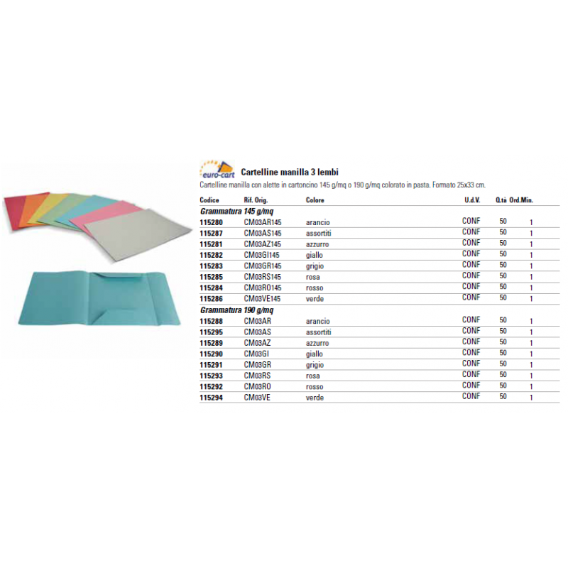 Cartelline a 3 lembi EURO-CART Cartoncino Manilla 25x35 cm gr. 190 arancio  conf. da 50 pezzi - CM03AR