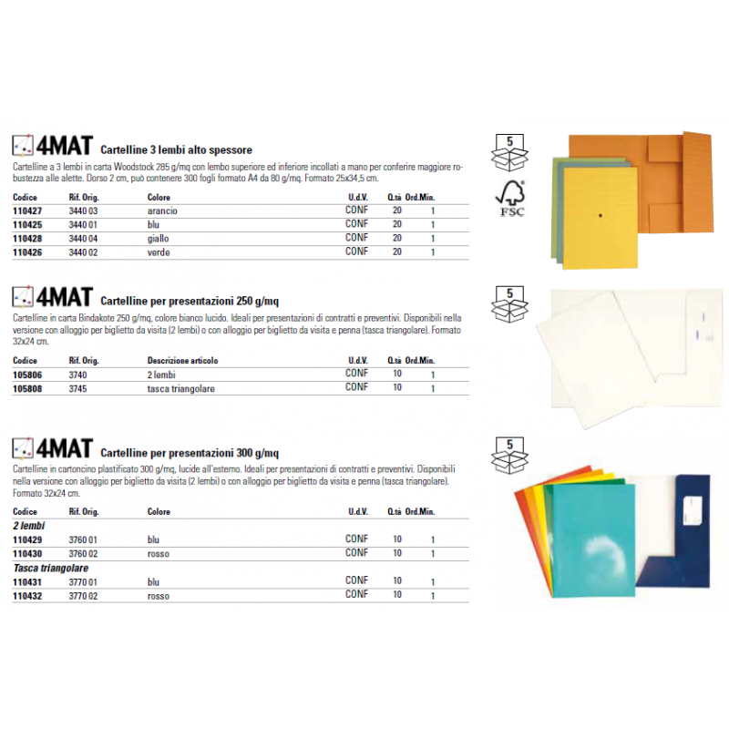 Cartelline a 3 lembi incollati 4Mat A4 in carta woodstock 285 g/m² dorso 2  cm blu conf. da 20 pezzi - 3440 01