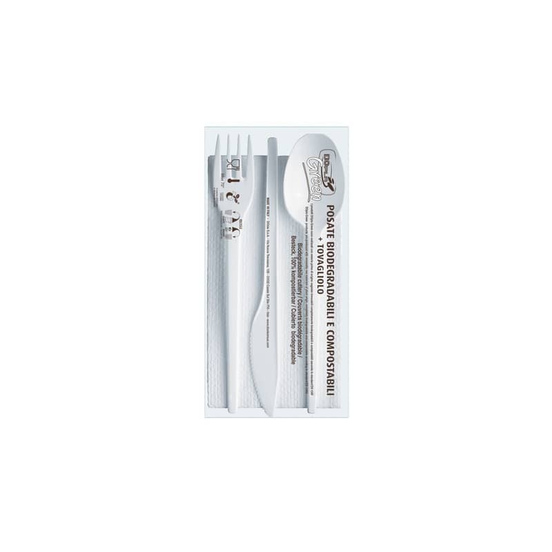 Set forchetta + coltello + cucchiaio + tovagliolo  Dopla Tris ESTABIO - 33x33 cm 2 veli - conf. 100 pz - 3908