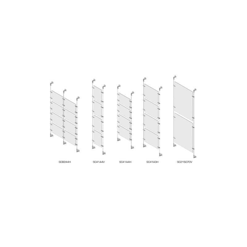 Sist. a cavetto 4 pannelli porta-avvisi Tecnostyl A4 in acril. 35,5x45x400 cm - kit fissaggio a parete silver - SC41A4H