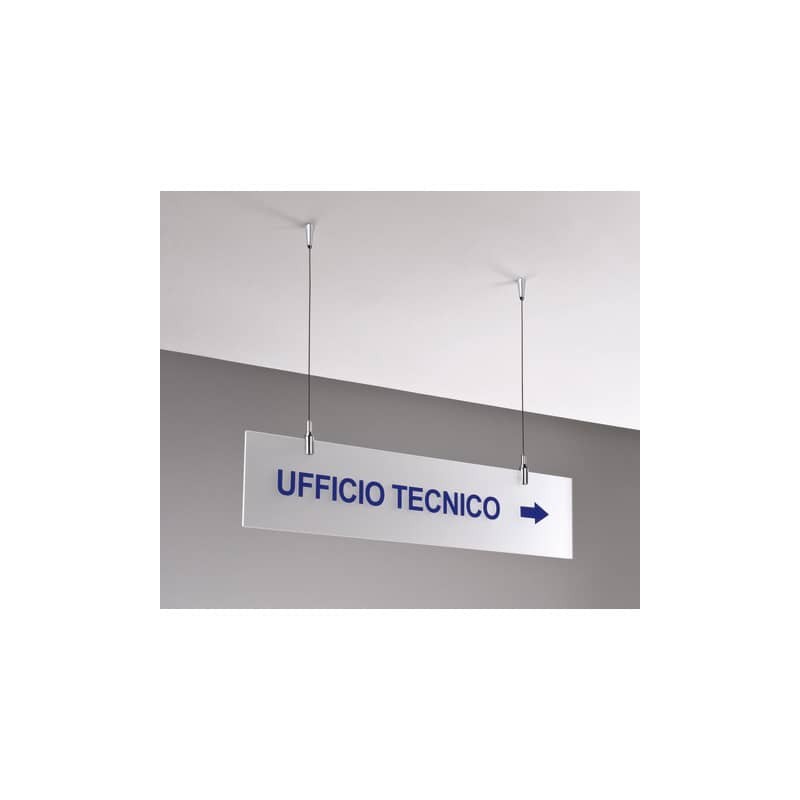 Targa sospesa in acrilico bisatinato 60x15 cm Tecnostyl con cavetti per fissaggio soffitto silver/bianco- TS6015