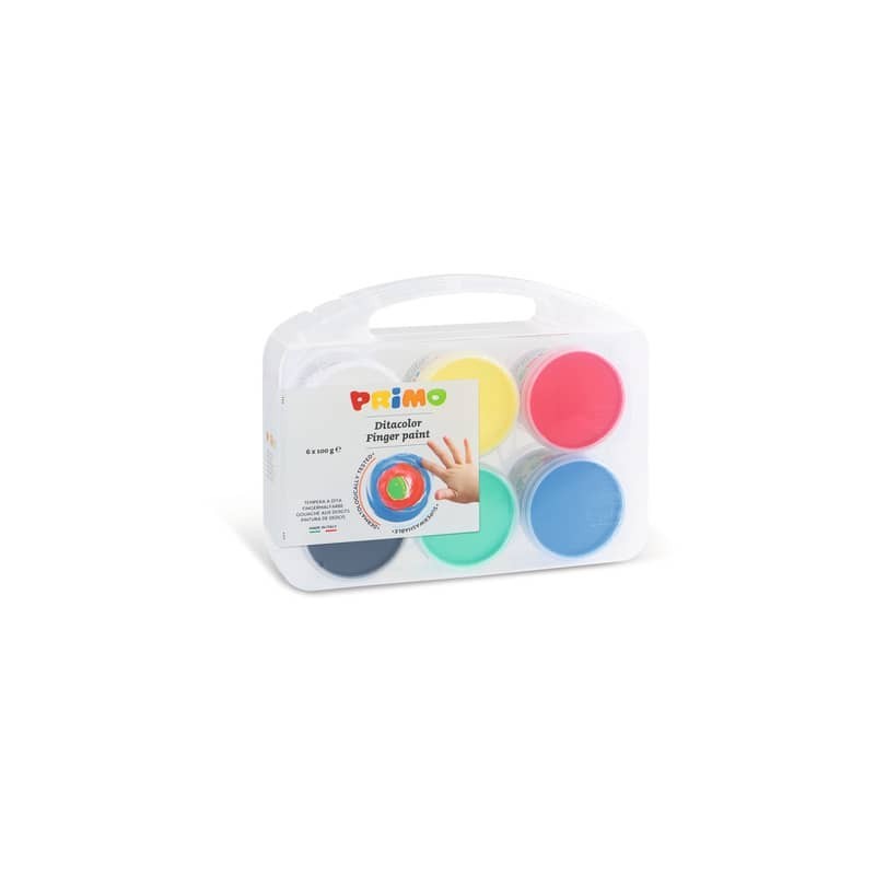Tempera a dita Primo 100 g - valigetta 6 colori assortiti in vasetti in polipropilene - 221TD100SP