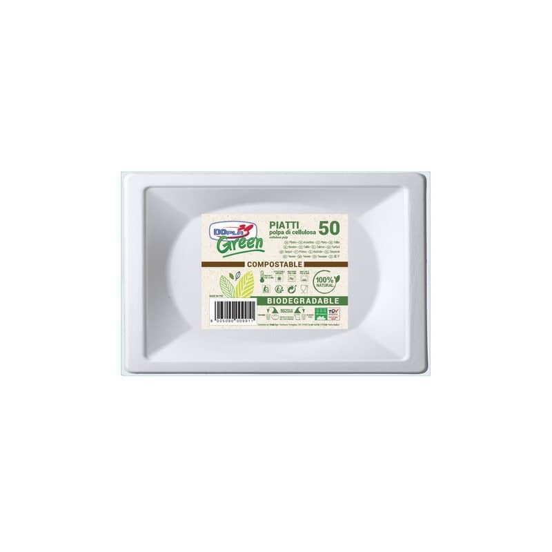 Piatti bianchi rettangolari in polpa di cellulosa conf. 50 pz Dopla Green 152x254 mm - 7766