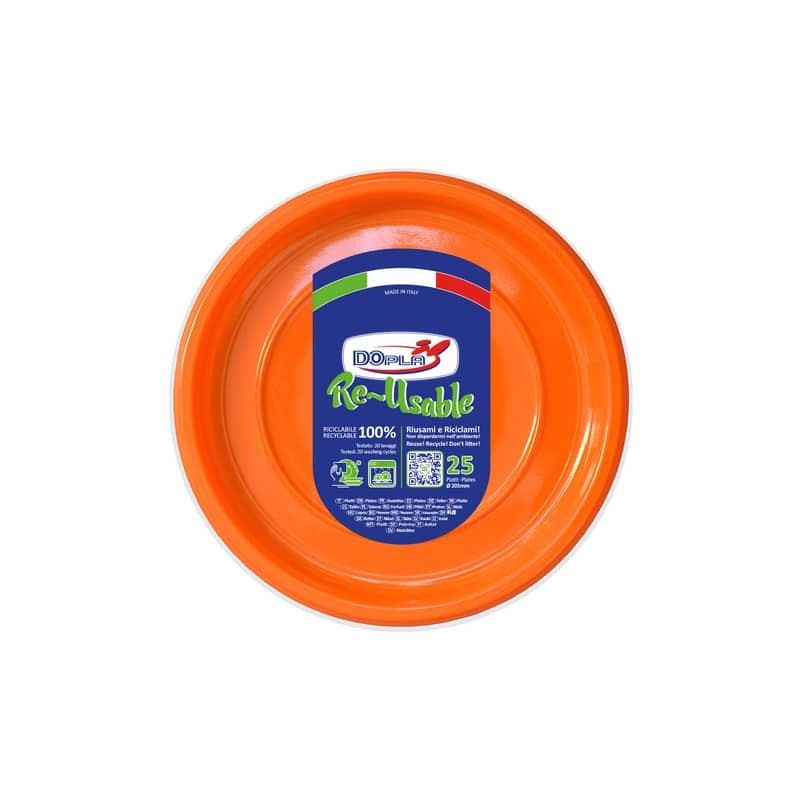 Piatti fondi arancioni in polistirene h.32 mm conf. 25 pz Dopla Reusable Ø 205 mm - 11826
