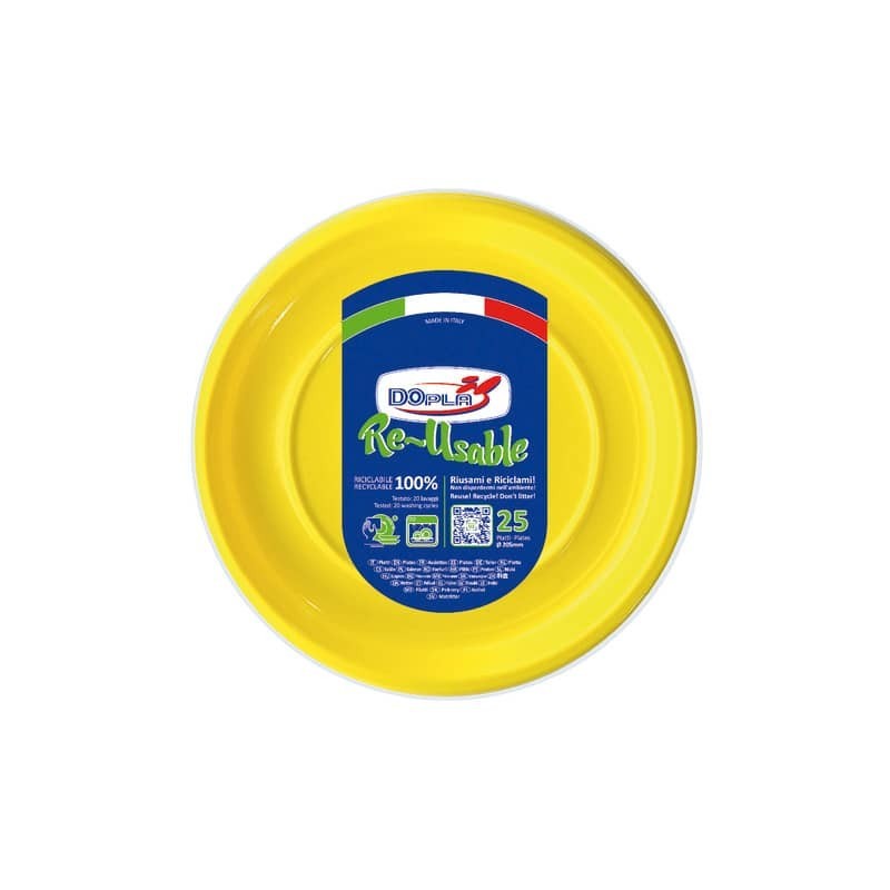 Piatti fondi gialli in polistirene h.32 mm conf. 25 pz Dopla Reusable Ø 205 mm 11834