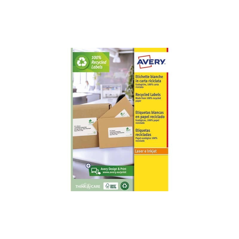 Etichette in carta riciclata bianca per buste e pacchi Avery Laser 21 et./foglio 63,5x38,1 mm - conf. 15 fogli LR7160-15