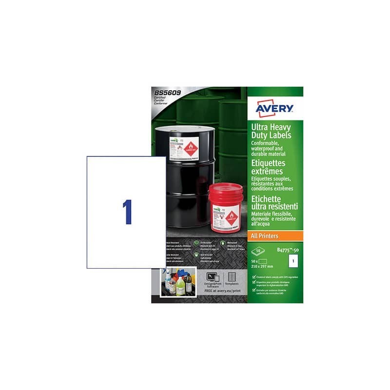 Etichette in Teslin bianco Avery Laser/Inkjet 1 et./foglio 210x297 mm conf. 50 fogli - B4775-50