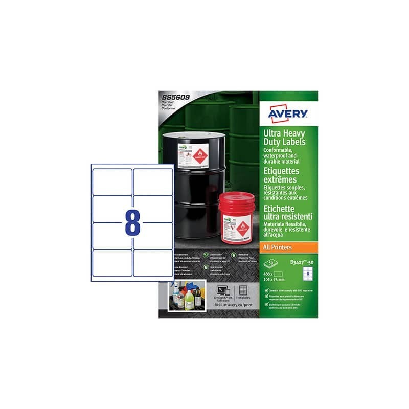 Etichette in Teslin bianco Avery Laser/Inkjet 8 et./foglio 105x74 mm conf. 50 fogli - B3427-50