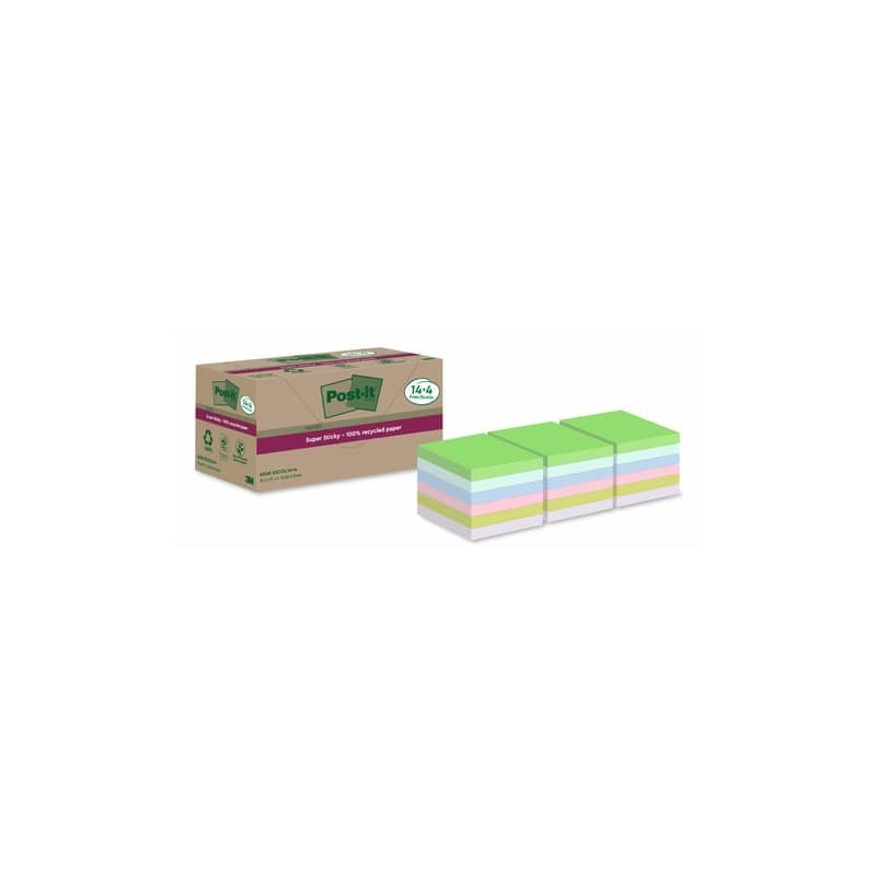 Foglietti riposizionabili Post-it®Super Sticky carta riciclata al 100% assortiti 76x76 mm - 18 blocchetti da 70 ff