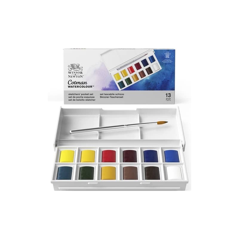 Set acquerelli Winsor&Newton Cotman Sketchers 12 mezzi godet + pennello colori assortiti - 0390640