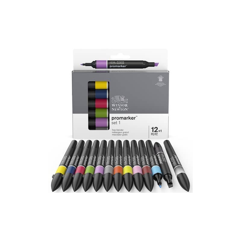 Set 12 pennarelli Winsor&Newton Promarker doppia punta fine-larga - colori assortiti + blender - 0290137