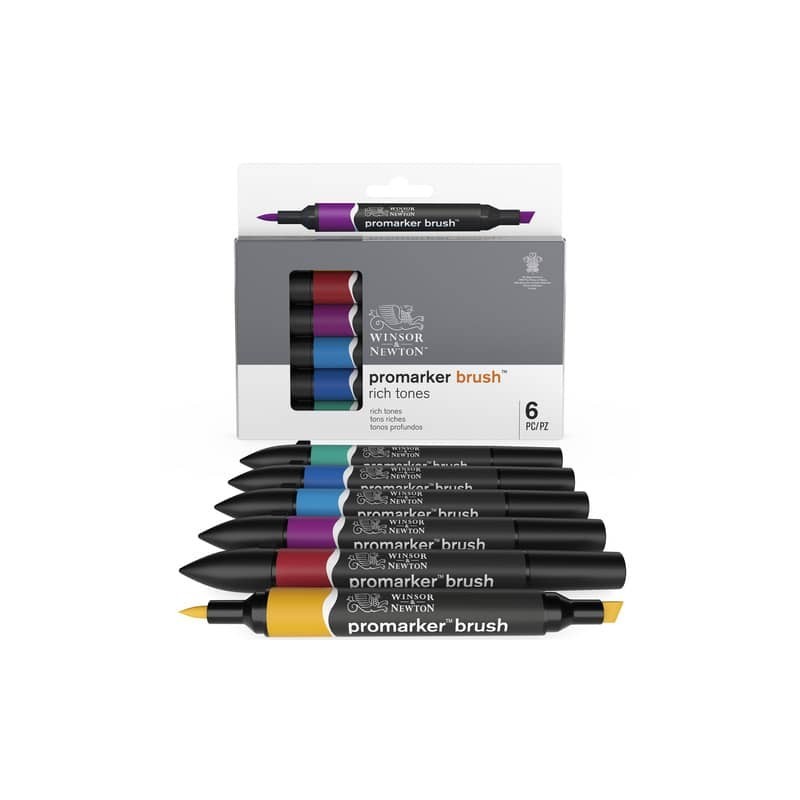 Pennarelli Winsor&Newton Promarker Brush doppia punta scalpello-pennello - conf. 6 pz colori forti assortiti - 0290126