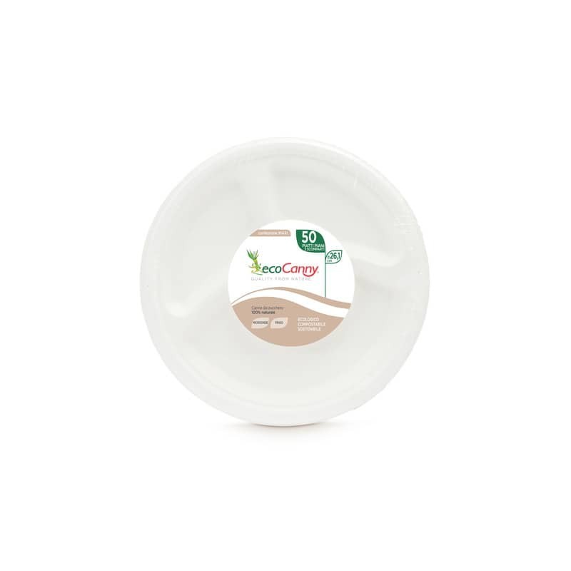 Piatti a 3 scomparti bio-compostabili ecoCanny Party bianco Ø261x28 mm conf. 50 pz - ECO‐007CA