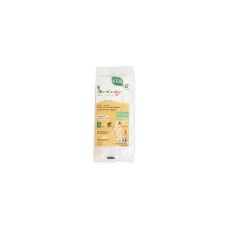 Kit forchetta coltello tovagliolo bio-compostabili ecoCanny in legno di betulla conf. 200 pz - ECO-PPBCA