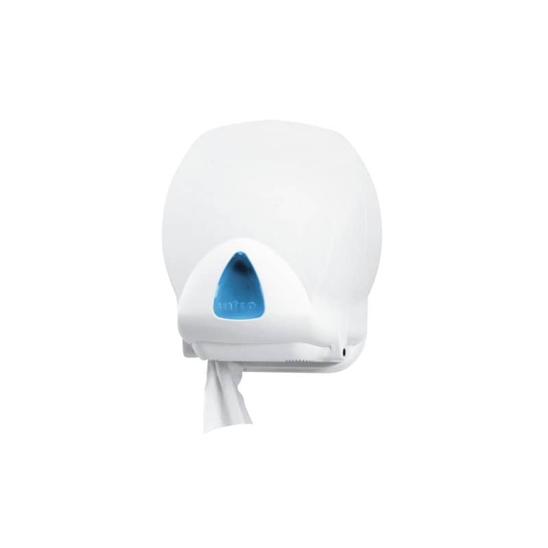Distributore mini di carta igienica jumbo Hylab in ABS con capacità max Ø 20 cm bianco con vetrino blu IN-TO2/WS