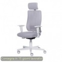 Poltrona semi-direzionale Liberty Syncro Seditaly scocca bianca tessuto ignifugo con poggiatesta grigio chiaro