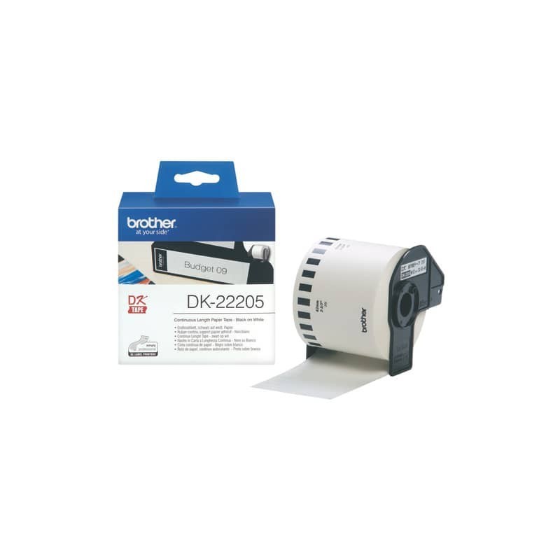 Rotolo di etichetta continua in carta adesiva nero/bianco Brother 62 mm x 30,48 mt - DK22205