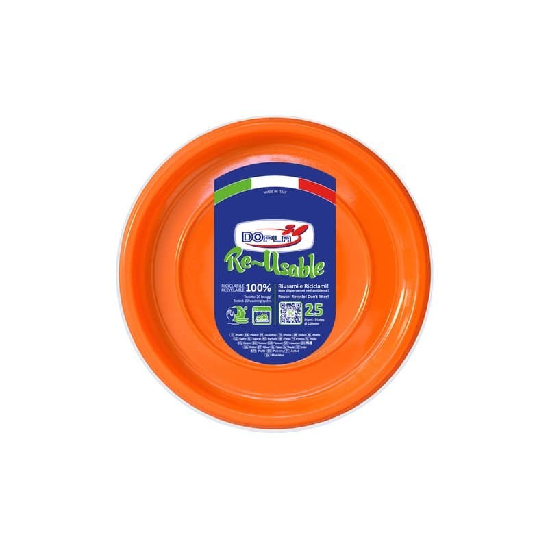 Piatti piani arancioni in polistirene h.19 mm conf. 25 pz Dopla Reusable Ø 220 mm - 11825