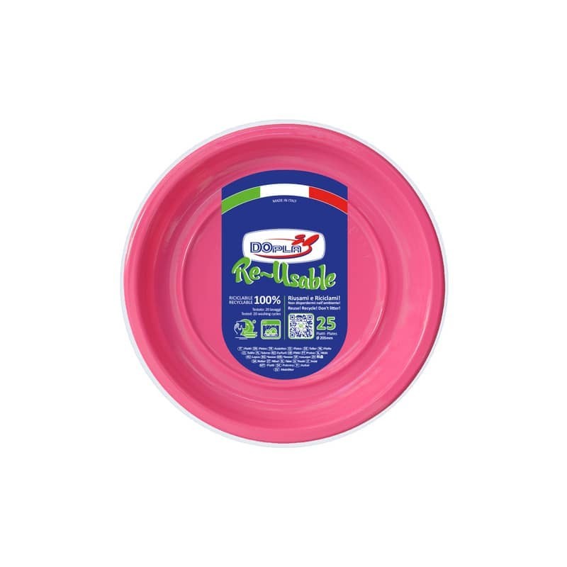 Piatti fondi fucsia in polistirene h.32 mm conf. 25 pz Dopla Reusable Ø 205 mm 11832