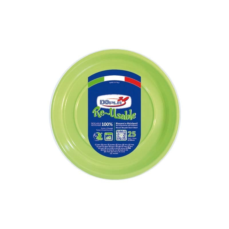 Piatti fondi verde acido in polistirene h.32 mm conf. 25 pz Dopla Reusable Ø 205 mm - 11844